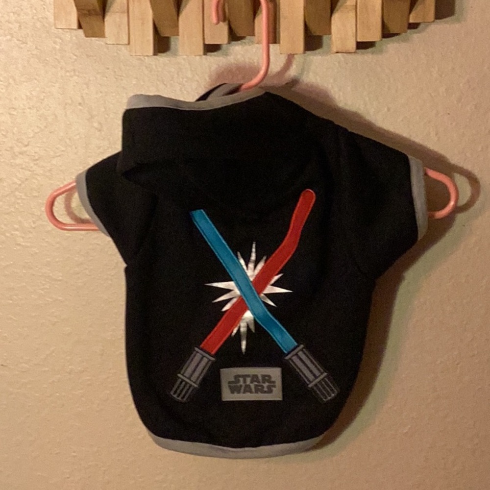 Star Wars Dog sweater with hood, leash hole and light up light saber design.